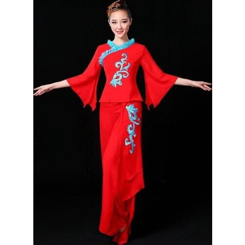 Chinese folk dance clothing pant suits Chinese dance costumes yango drum fan stage dance wear outfit performance FF757
