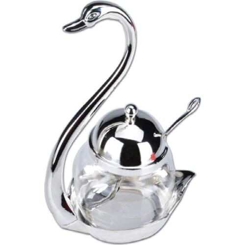Kitchen Tableware Sugar Pots Zinc Alloy Swan Glass Seasoning Box Salt Shaker Caster Flavoring Sugar Bottle With Spoon
