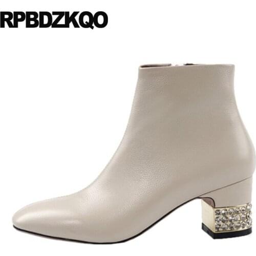 Booties Luxury Short Shoes Chunky Winter Ankle Diamond Block Rhinestone Women Trend Metal Heel Boots Fur Beige Autumn Square Toe