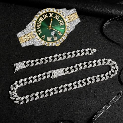 Luxury Full Iced Out Watch Bling Miami Cuban Chain Rhinestone Iced Out Chain Necklace Bracelet Jewelry Men Hip Hop Choker Cubana