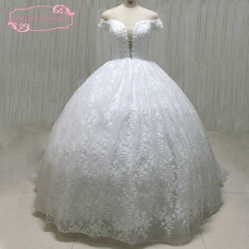 SuperKimJo Lace Applique Wedding Dress Boho Off the Shoulder Chapel Train Princess Wedding Ball Gown Beading Vestido De Novia