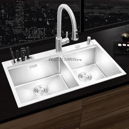 Thickened 304 Stainless Steel Manual Sink Double Tank Kitchen Sink Sink Sink Sink Sink Under Counter 215