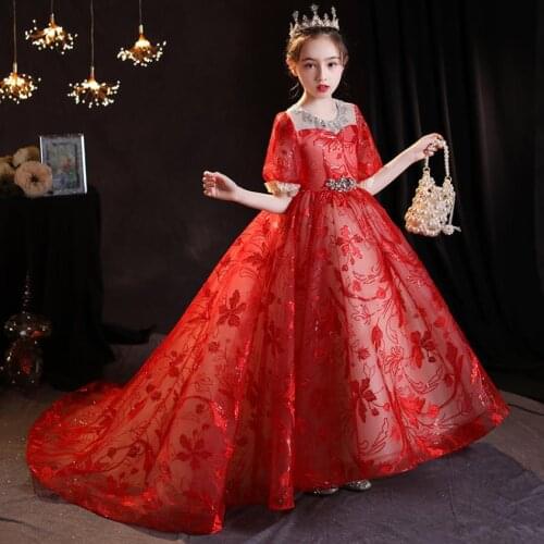 High-End Sequines Children Trailing Red Evening Gown Wedding Birthday Party Princess Kids Piano Host Dress For Girls L1150