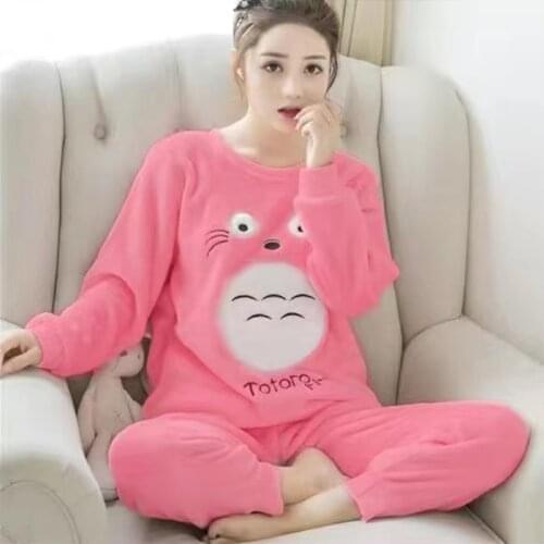 Womens Pajamas New 2020 Autumn Winter Warm Women Pyjamas Sets Thick Coral Velvet Long Sleeve Cartoon Pajamas Set Girl Stitch