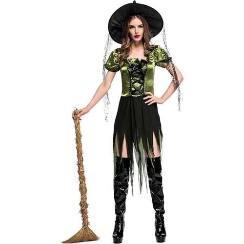 Women Sexy Witch Costumes Green Irregular Peplum Dress Hat Silk Ribbon 3pcs Set Halloween Cosplay Costumes Sorceress Cos Set