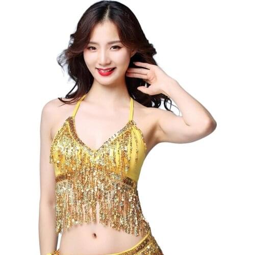 Women Belly Dance Sequins Bra Bellydance Tops V-neck Tassel Adjustable Costume Accessories 9 Color