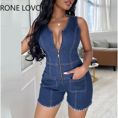 Women Zip Front Pocket Design Fringe Hem Denim Romper Summer Vacation Jumpsuit