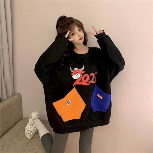 2021 Spring Winter Womens Pullover Korean New Design Sense Stitching Color Contrast Loose Plush Thickened Long Sleeve Print Top