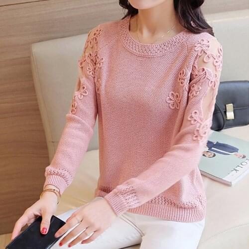 Knitted sweater Women Mesh stitching 2020 Sexy Lace Pullover Sweaters Fashion Loose Embroidery O Neck Knitted Tops Feminine 123H