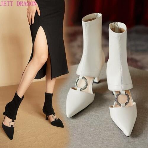 2021 Autumn Boots Women Ankle Boots High Quality Pointed Toe Ladies Fashion Low Heels Comfortable Flock Genuine Leather Boots