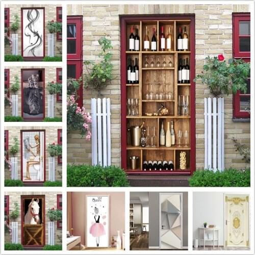 3D Door Sticker Wine Cabinet Shelf Home Decoration PVC Waterproof Bedroom Wallpaper Wall Decals DIY Adhesive Murals deurposter