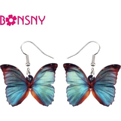 Bonsny Acrylic Grey Blue Butterfly Insect Earrings Big Dangle Drop Fashion Jewelry For Women Girls Ladies Teens Gift Charms Bulk