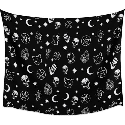 Black Witch Skull Moon Divination Print Tapestry Boho Mandala Tapestries Witchcraft Wall Hanging Bedspread Blanket Beach Mat