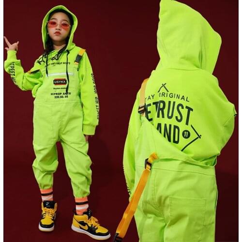 Kids Hip Hop Clothing Green Casual Hoodie Tops Loose Bib Pants for Girls Boys Jazz Dance Costumes Ballroom Dancing Clothes Wear