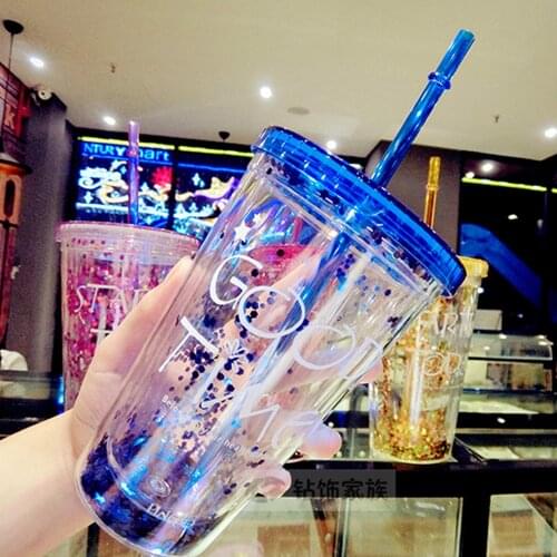 Double Layers Blue Plastic Water Bottle Summer Ice Cup Creative Letter Sippy Mugs Outdoor Sports Glass Cute Coffee Mugs And Cups