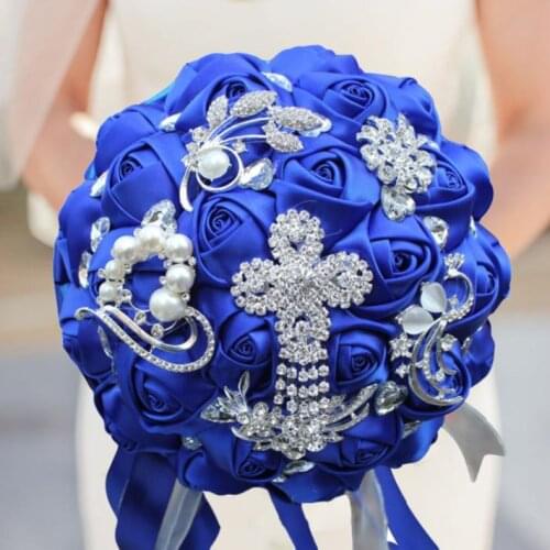 EillyRosia Royal Blue Bridal Bouquet Brooch Jewelry Crystals Satin Roses Silk Wedding Flowers for Bride Customized Color 2022