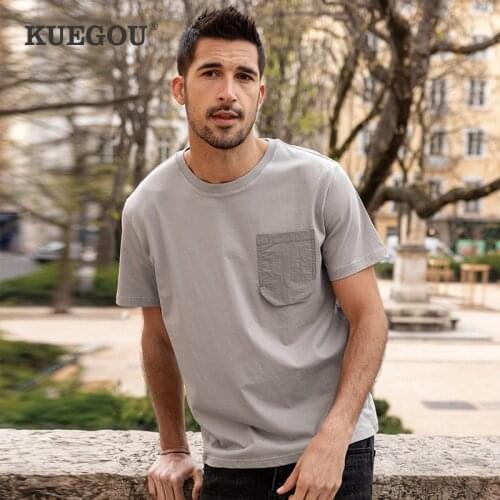KUEGOU 100% Cotton Mens T-shirt Short Sleeve High Quality Summer Tshirt Chest Pocket Streetwear Fashion Top Plus Size ZT-90086