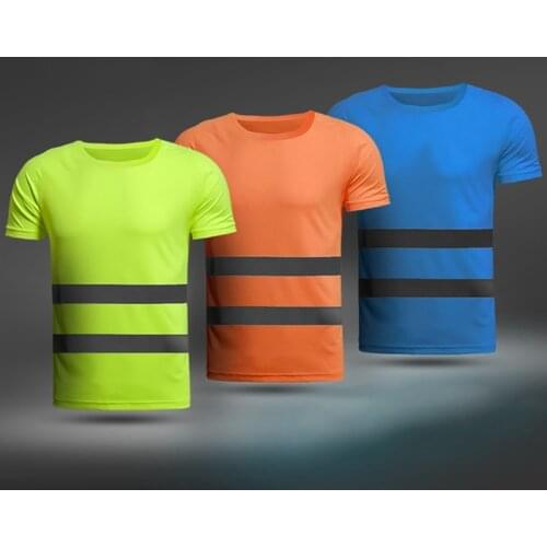 Men T Shirt Striped Patchwork Reflective Work T Shirt Short Sleeve O Neck Shirts Male Casual Slim Fit Men Clothing