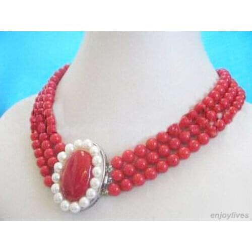 Hot sale new Style >>>>>3 Rows Red Coral Beads White Pearl White Plated Clasp Pendant Necklace