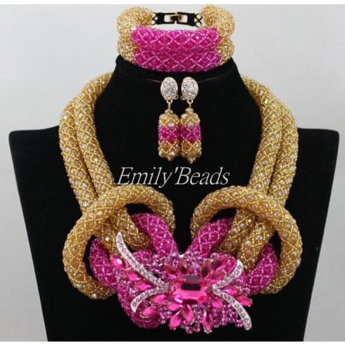 Fuchsia Mix Gold Costume African Jewelry Set Christimas Gift Nigerian Wedding Indian Bridal Crystal Beads Necklace Set AIJ379
