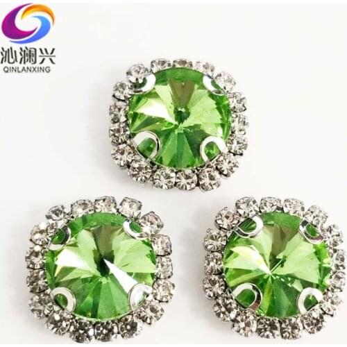 Round shape top glass crystal rhinestones with hole,Light green Silver bottom sew on stone for Diy Clothing accessories SWWK16