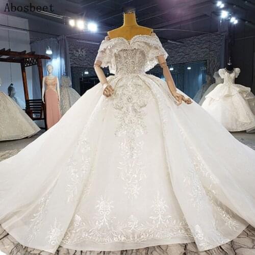 Embroidery Lace Ball Gown Wedding Dress with 200CM Cathedral Train Robe Mariee Off Shoulder Bridal Gown Luxury Tops Beads Lace