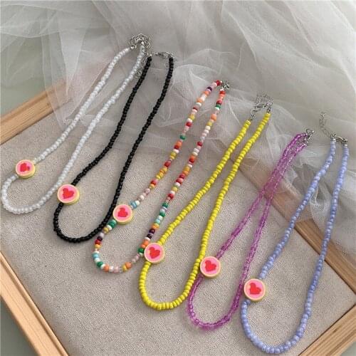 ORZTOON Fashion Bohemian Colorful Seed Beads Polymer Clay Choker Necklaces for Women Heart Pattern Necklace Female Jewelry 2021