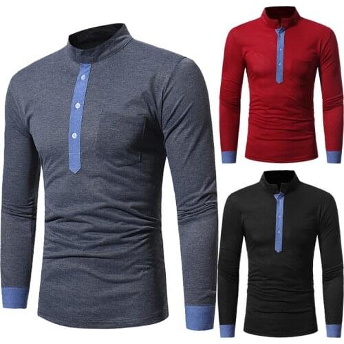Mens Long Sleeve T-Shirts Contrasting Slim Base Shirt Casual Patchwork Stand Collar Pullover Tops with Pocket