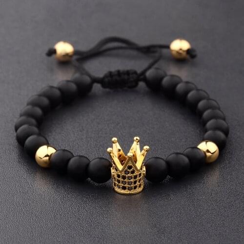 Charm Men 6mm Natural Stone Bead Bracelets Crown Black Zircon Rope Braided Luxurious Bracelet Adjustable Pulseras ABL007