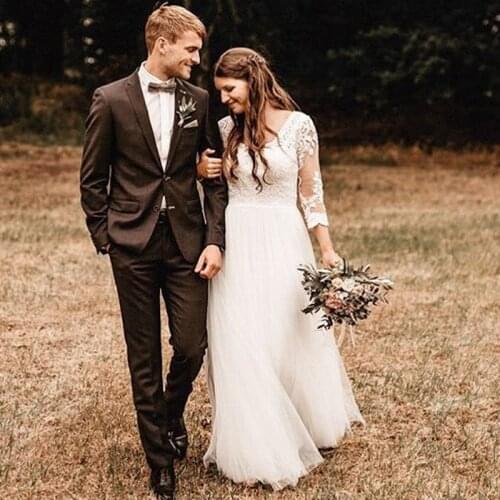 Wedding Dress Boho Style V Neck Lace Appliques 3/4 Sleeves Bohemian Beach Party Bridal Gown