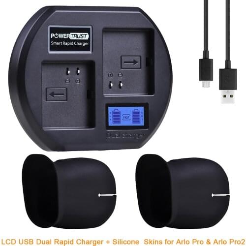 LCD Display USB Dual Charging Station Charger with 2X Silicone Skin for Arlo Pro 2 Arlo Security Light and Arlo Go Battery