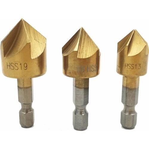 5 Flute Chamfer Countersink 1/4" Hex Shank HSS 90 Degree Wood Chamfering Cutter Chamfer Countersink Drill Bit 3pc 12mm 16mm 19mm