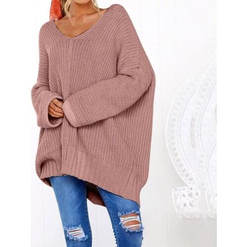 Dujujunyi Lazy Loose Womens Sweater Solid Long Sleeve Jumper Pullover Blouse Casual V-Neck Pure Color Female Sweater Tops