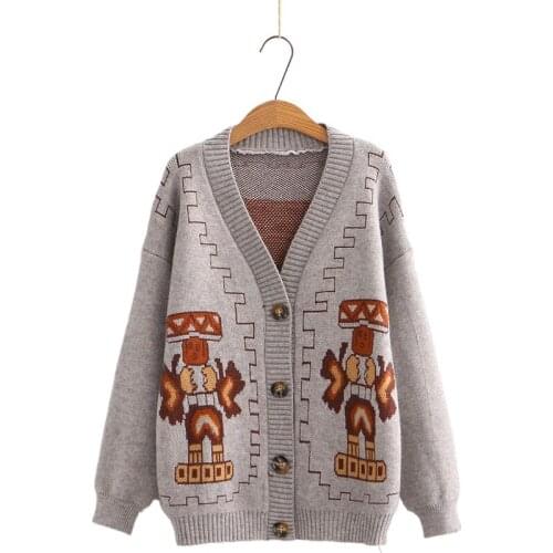 Women Knitted Cardigans Cartoon Embroidery Vintage Sweaters 2020 Autumn Winter Long Sleeve Single Breated V-neck Ladies Top