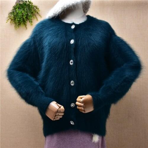 Ladies women fashion green hairy mink cashmere knitted long lantern sleeves loose cardigan angora fur winter jacket coat sweater