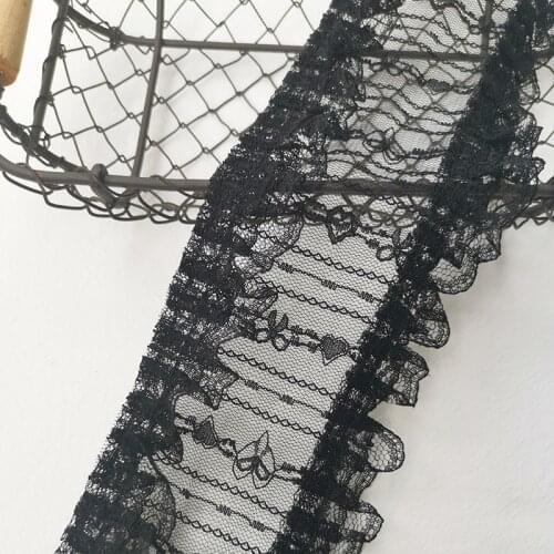 1Yard Black White Pleated Embroidered Lace Fabric Ruffle Trim Fluffy Wedding Dress Fringe Ribbon Sewing Supply 95mm Width