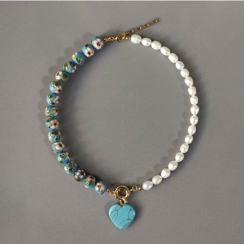 2021 Hand-made exquisite blue heart pendant necklace exquisite cloisonne beads bohemian jewelry beautiful choker gift for ladies