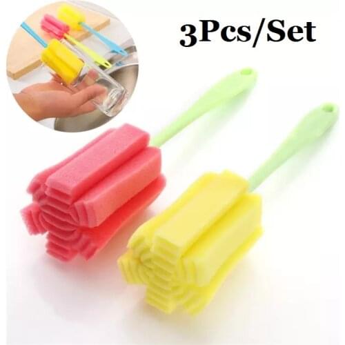 3Pcs Kitchen Cleaning Tool Sponge Brush for Wineglass Bottle Coffe Tea Glass Cup Sponge Brush with Handle Cleaning Supplies