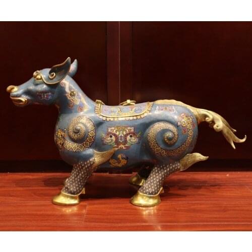 35" Chinese Bronze cloisonne 24K Gold Fengshui Animal Ox Oxen Bull beast Statue