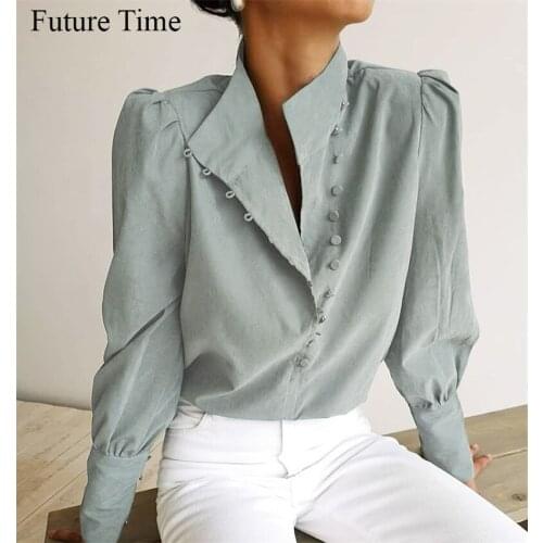 Elegant Turtleneck Blouse Long Sleeve White Shirt Office Ladies Top Casual Solid Single-Breasted Puff Sleeve Women Blouse SS1086