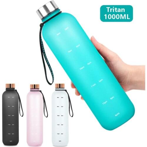1000ml Tritan Water Bottle BPA Free Leak Proof Time Markings Frosted Drinking Jug Portable Gym Fitness Sports Water Bottle