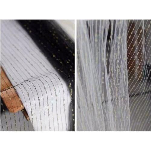 Black Mesh Lace Fabric Embroidered Gold Stripes Lace With Dots Off White Soft Tulle Lace Fabric