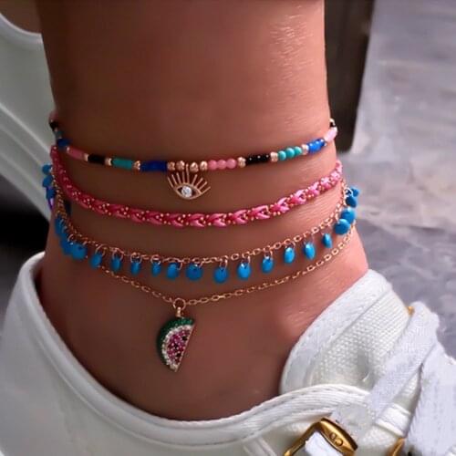 Docona 4pc Boho Watermelon Pendant Colorful Beaded Anklet Set for Women Multilayer Adjustable Woven Rope Foot Chain Jewelry 8369