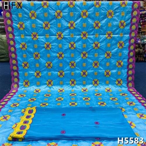 HFX 2021 New Arrived Bazin Brode Lace 100% Cotton Embroidered Lace Fabric 5+2 Yards African Bazin Fabric For Party Dress X5583