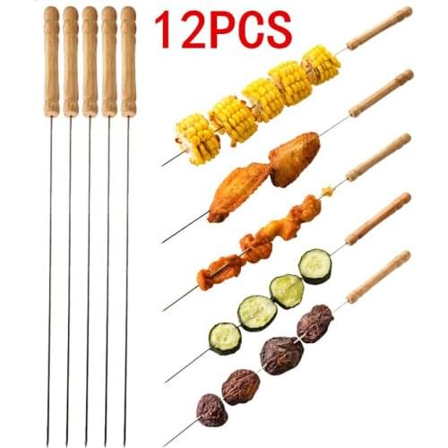 12 PCS Stainless Steel BBQ Skewer Barbecue Grill Kebab Needles Stick Wooden Handle Kitchen Needle Outdoor LK0030