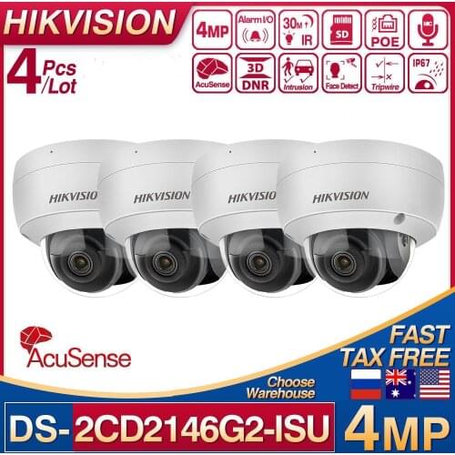 Hikvision 4Pcs/Lot DS-2CD2146G2-ISU POE IP Camera 4MP Dome Network CCTV IPC SD Card MIC 2K H.265+ Alarm I/O Face Detect AcuSense