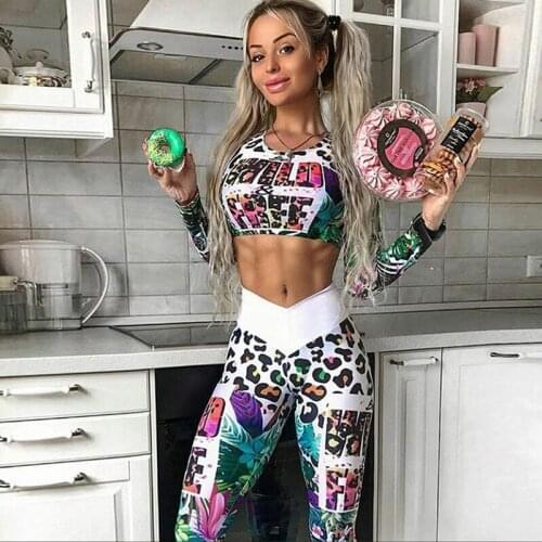 Colorful Digital Print Yoga Set Running Suit Elastic Casual Workout Clothes Long Sleeve Crop Top High Waist Leggings Sports Suit