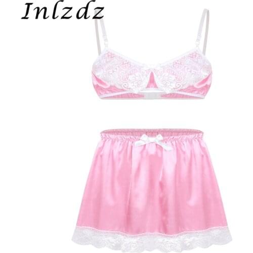 Mens Sissy Crossdresser Erotic Lingerie Suit Satin Adjustable Bra Top with Short Skirt Lace Sissy Underwear Set Sex Costume