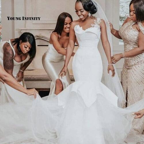 Hot Sale African Mermaid Wedding Dresses 2021 Bridal Gown One Shoulder Illusion Back Chapel Train Applique White Plus Size Bride