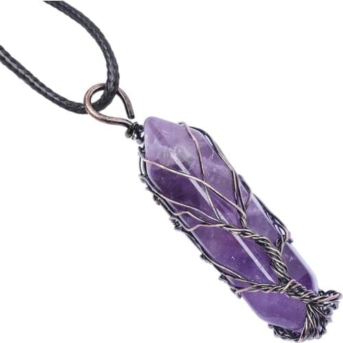 SUNYIK Copper Wire Wrapped Tree of Life Natural Gem Stone Hexagonal Point Pendant Necklace Reiki Healing Crystal Antique Jewelry